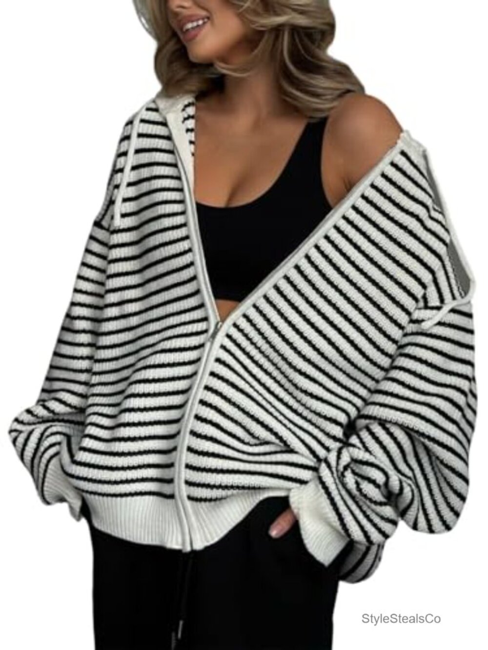 Striped Zip Up Hooded Knit Sweater Oversized Women's Cardigan